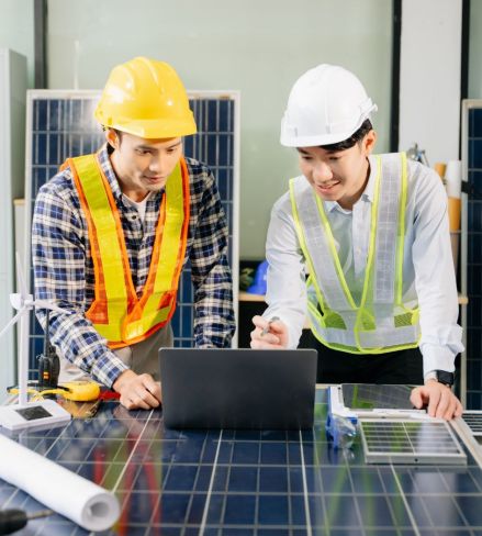 a sustainability expert consults with a M&E consultant on site